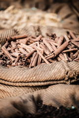 Spices and herbs in bags at market in India
