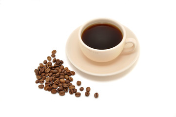 cup of coffee and coffee beans on a white background
