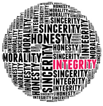 Integrity in word cloud with several positive qualities and char
