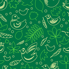 Birds and leaves green spring seamless pattern, vector