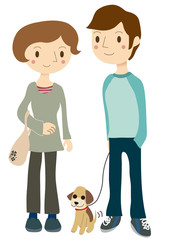 カップル　犬の散歩