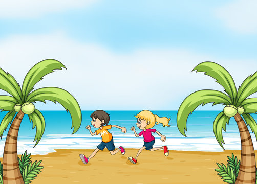 Kids jogging along the seashore