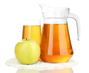 Full glass and jug of apple juice and apple isolted on white