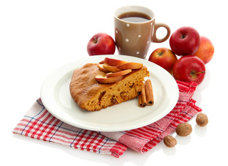 slice of tasty homemade pie with apples and cup of coffee,