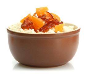 cottage cheese in bowl with homemade tangerine jam, isolated
