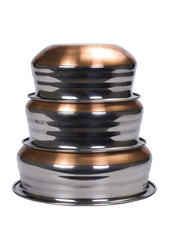 Close-up of a stack of stainless steel cooking pots