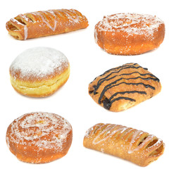 A selection of cakes and pastries on a white background