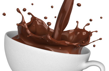 Pouring hot chocolate splash in cup, isolated on white.
