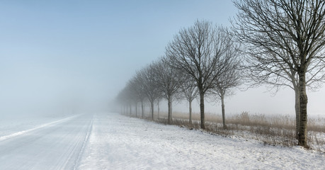 Obraz premium Icy rural road with snow and low visibility