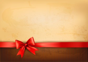 Old background with red bow and ribbon. Vector