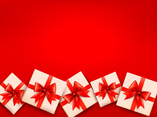 Red holiday background with gift boxes and red bow. Vector illus