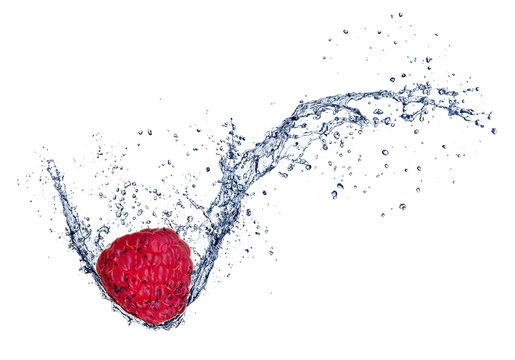  Fresh raspberry in water splash, isolated on white background