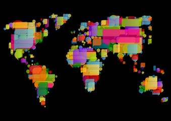 World map made of colorful speech bubbles