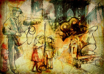 Fototapeta premium The whole crew filming a movie on the street with child actors.