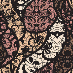 Black lace vector fabric seamless pattern with lines and waves