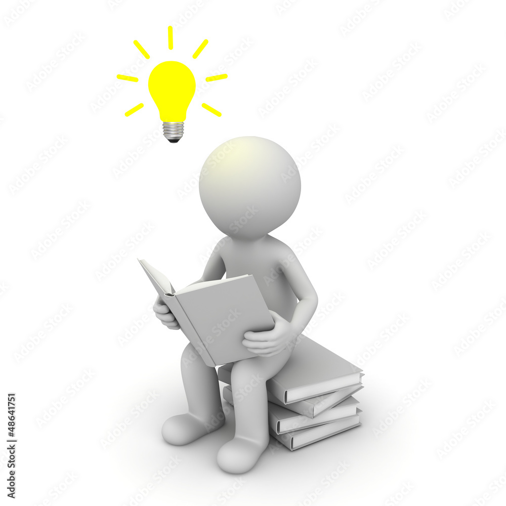 Poster 3d man sitting and reading a book with idea bulb on white