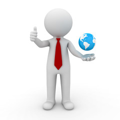 3d business man showing thumbs up with globe in his hand