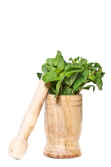 fresh mint in a wooden mortar on the white background