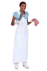 Woman butcher with ax and meat piece