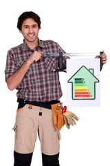 Fototapeta na wymiar rzemieślnik pokazuje dom w rankingu energii