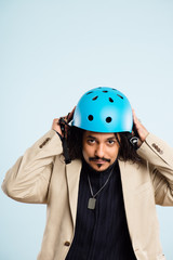 funny man wearing cycling helmet portrait real people high defin