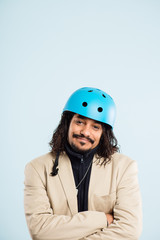 funny man wearing cycling helmet portrait real people high defin