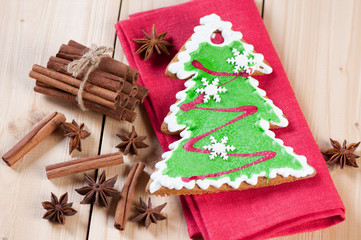 Gingerbread Christmas tree and spices, view from above