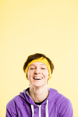 funny woman portrait real people high definition yellow backgrou