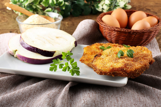 Eggplant Cutlet  With Beaten Egg And Breadcrumbs