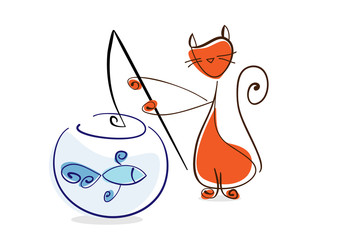 Red cat catches fish from aquarium. Illustration