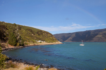 Nice scenery of Banks Peninsula Akaroa town New Zealand