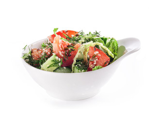 Healthy garden salad in bowl, isolated on white background