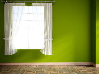 green empty room with window and curtains