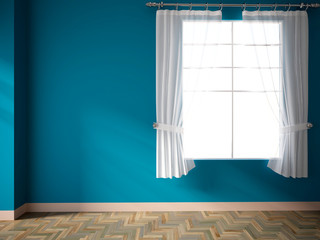 blue empty room with window and curtains