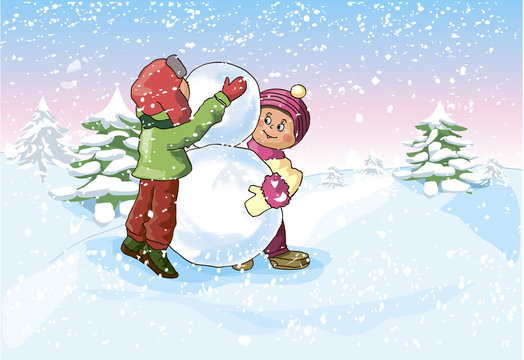 Boy and a Girl make a Snowman