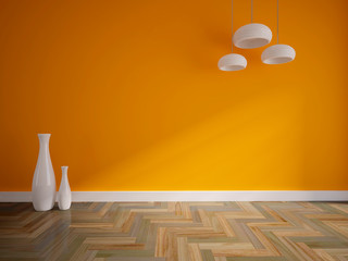 empty room with a orange wall and white vases