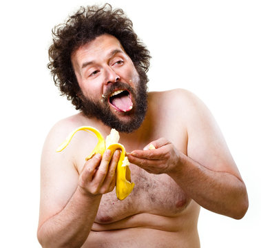 Caveman eating a banana