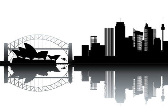Sidney skyline - black and white vector illustration