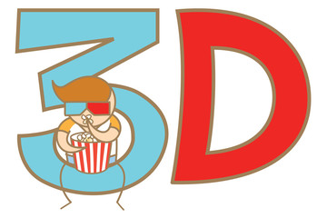 cartoon character of man watching 3D movie with glasses
