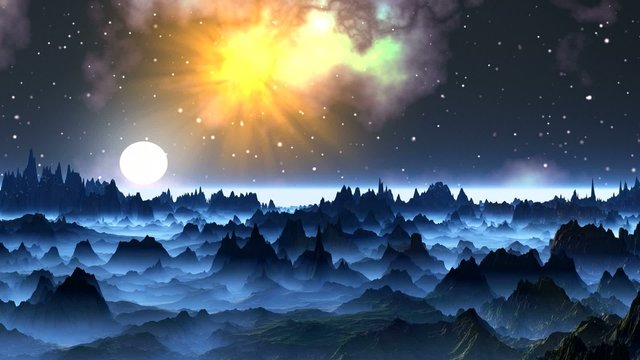Moonrise on a foggy planet