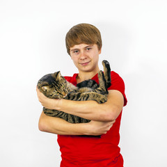 boy hugging with his cute cat