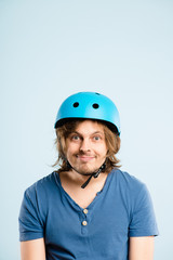 funny man wearing cycling helmet portrait real people high defin