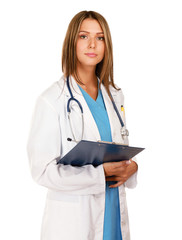 A female doctor with a folder , isolated on white background