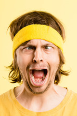 funny man portrait real people high definition yellow background