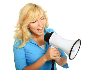 portrait of young girl shouting with megaphone