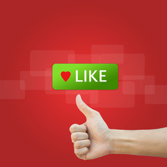 like button with real hand on red background