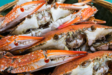 Close-up steamed crabs in basket