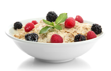 tasty oatmeal with berries, isolated on white