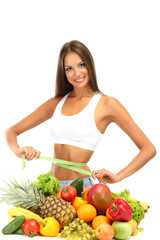 beautiful young woman with fruits and vegetables, isolated