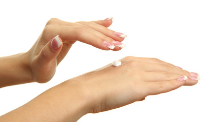 Beautiful woman hands with cream, isolated on white